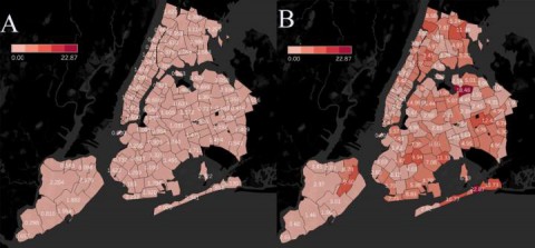Panel A: Geographic distribution of out-of-hospital sudden death per 10,000 inhabitants in New York City during 2019. Panel B: Geographic distribution of out-of-hospital sudden death per 10,000 inhabitants during COVID-19 outbreak (March 22 to April 22, 2020).