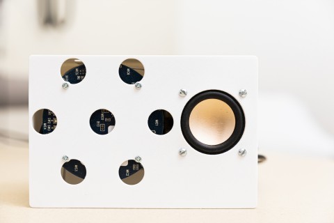 The team’s smart speaker prototype, shown here, compares signals from its multiple microphones (visible through the holes of this box) to identify the elusive heartbeat signal. Mark Stone/University of Washington