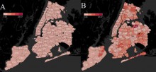 Panel A: Geographic distribution of out-of-hospital sudden death per 10,000 inhabitants in New York City during 2019. Panel B: Geographic distribution of out-of-hospital sudden death per 10,000 inhabitants during COVID-19 outbreak (March 22 to April 22, 2020).